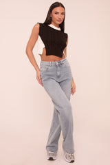 Black Cable Knit Sleeveless Cropped Jumper - Cleo