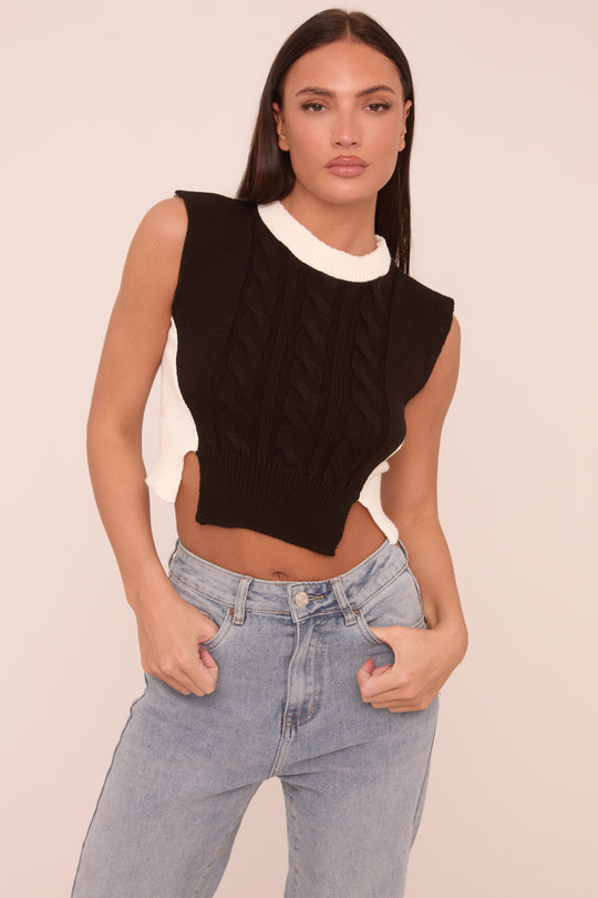 Black Cable Knit Sleeveless Cropped Jumper - Cleo