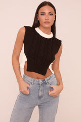 Black Cable Knit Sleeveless Cropped Jumper - Cleo