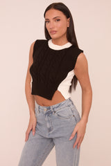 Black Cable Knit Sleeveless Cropped Jumper - Cleo