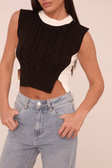 Black Cable Knit Sleeveless Cropped Jumper - Cleo