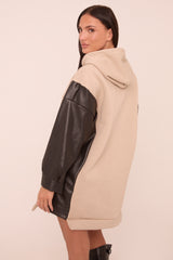 Beige Faux Leather Long Sleeves Hooded Jumper Dress - Kary
