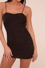 Black Ruching Detail Shoulder Straps Bodycon Mini Dress - Aster