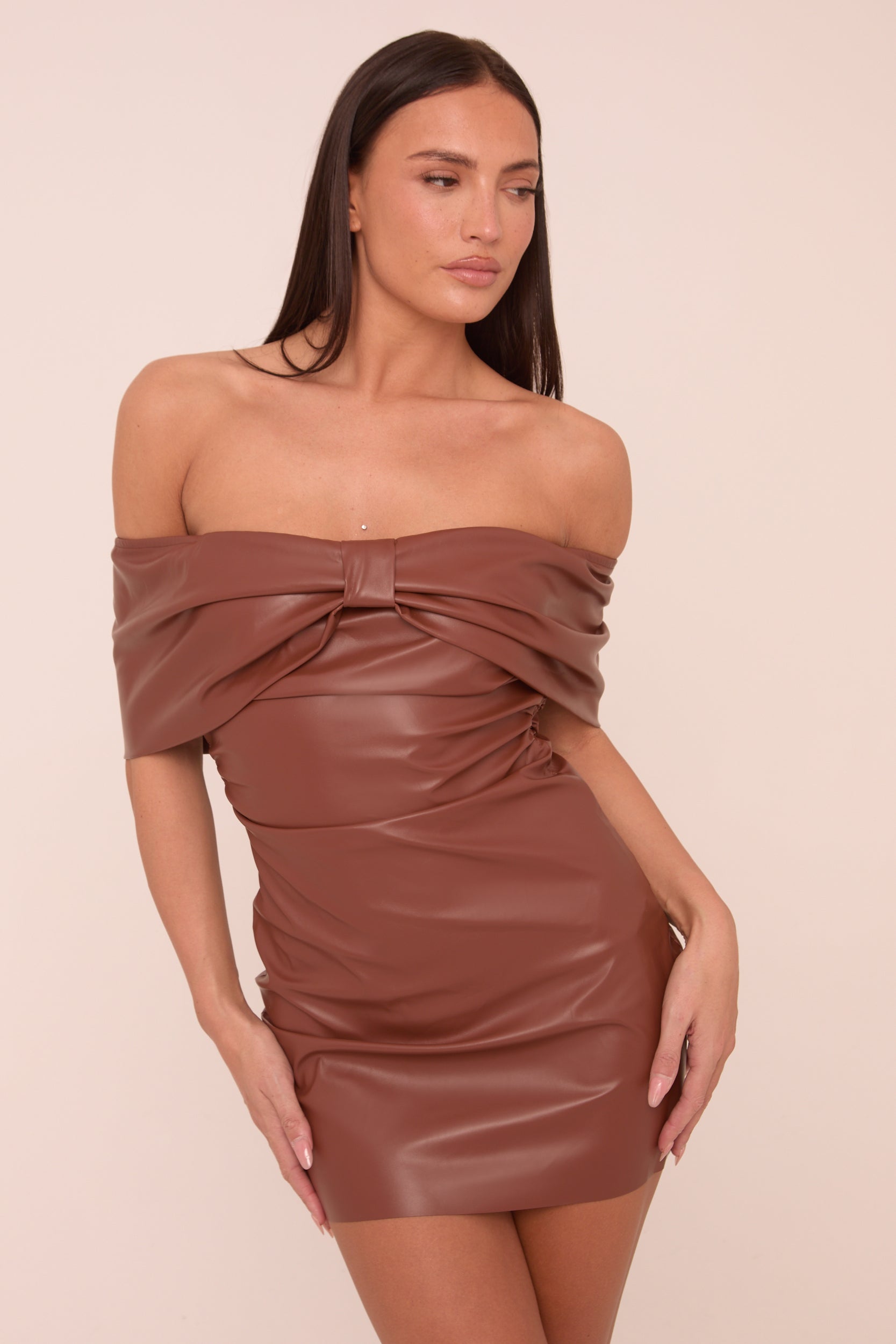 Brown Faux Leather Bardot Bow Detail Mini Dress | Dress | Rebellious Fashion Brown Faux Leather Bardot Bow Detail Mini Dress | Dress | Rebellious Fashion