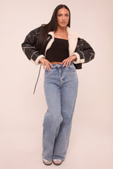 Light Blue Stretch Mid Waist Turn Up Hem Wide Leg Denim Jeans - Stacy