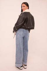 Light Blue Stretch Mid Waist Turn Up Hem Wide Leg Denim Jeans - Stacy