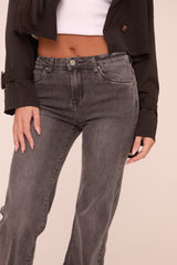 Mid Grey Stretch Mid Waist Straight Leg Denim Jeans - Rey