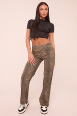 Beige Stretch Leopard Print Mid Waist Straight Leg Denim Jeans - Denise
