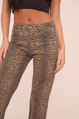 Beige Stretch Leopard Print Mid Waist Straight Leg Denim Jeans - Denise