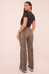 Beige Stretch Leopard Print Mid Waist Straight Leg Denim Jeans - Denise