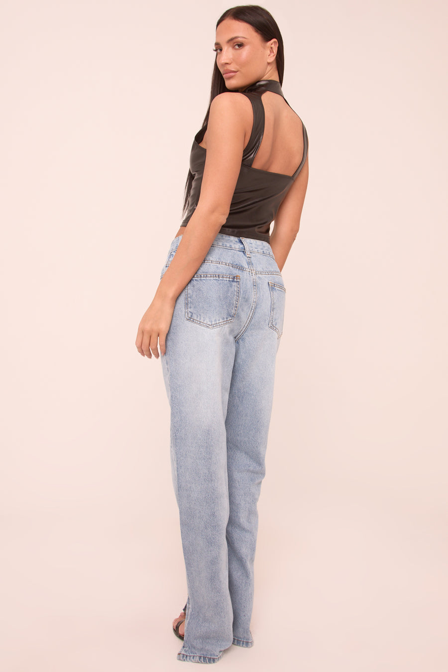 Mid Wash Straight Leg Side Split Hem Jeans - Tashi