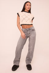 Charcoal Stretch Distressed Mid Waist Straight Leg Jeans - Annette