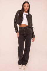 Washed Black Stretch Mid Waist Straight Leg Frayed Hem Denim Jeans - Venus