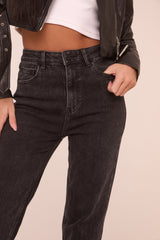 Washed Black Stretch Mid Waist Straight Leg Frayed Hem Denim Jeans - Venus