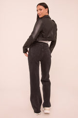 Washed Black Stretch Mid Waist Straight Leg Frayed Hem Denim Jeans - Venus