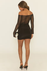 Black Mesh Gathered Bust Bardot Mini Dress - Orleen