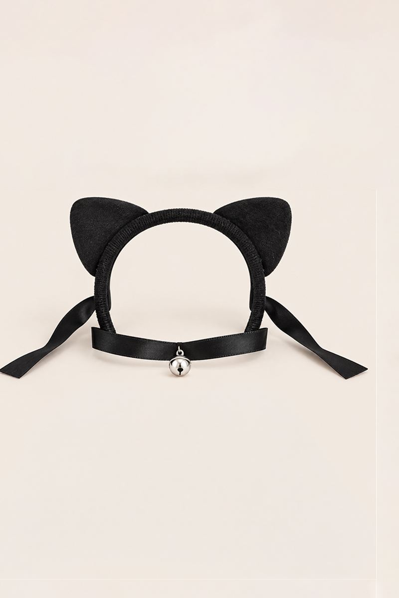 Black Halloween Velvet Cat Ears Headband & Choker Set - Mica
