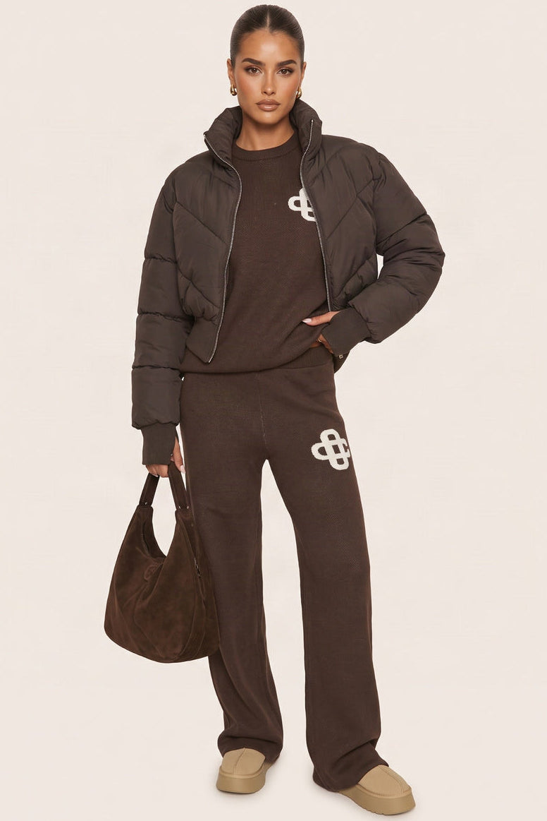 Chocolate High Neck Cinched Waist Puffer Jacket - Ravanna
