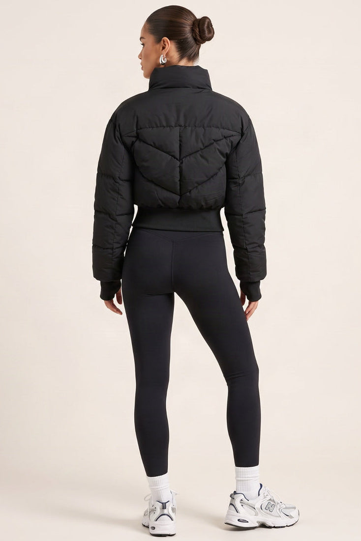 Black High Neck Cinched Waist Puffer Jacket - Ravanna