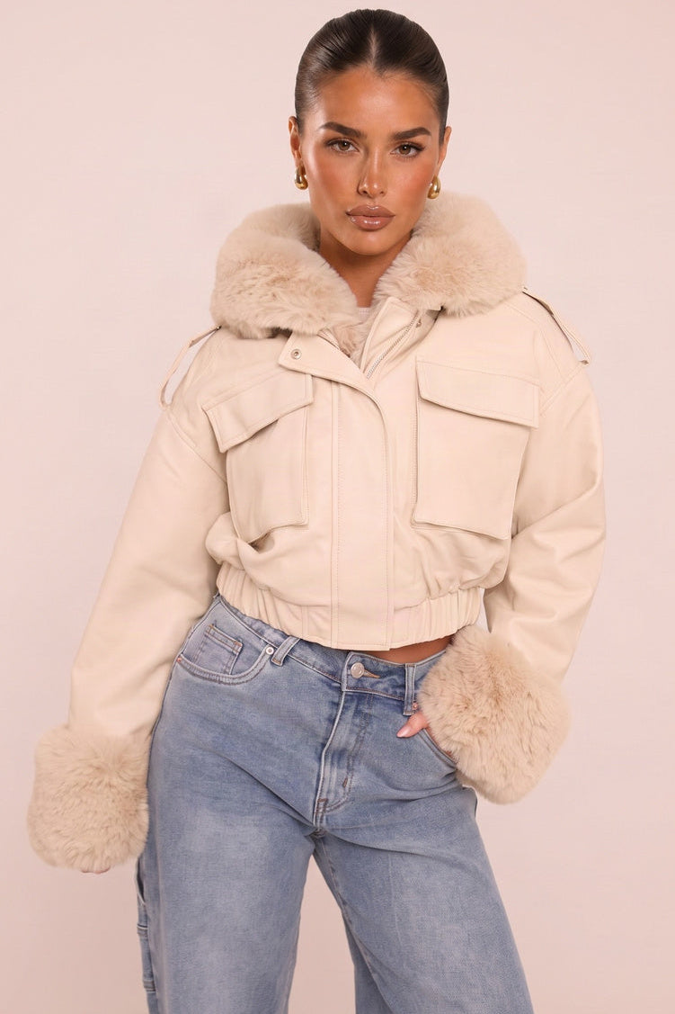 Beige Faux Leather Fur Lined Bomber Jacket - Larna