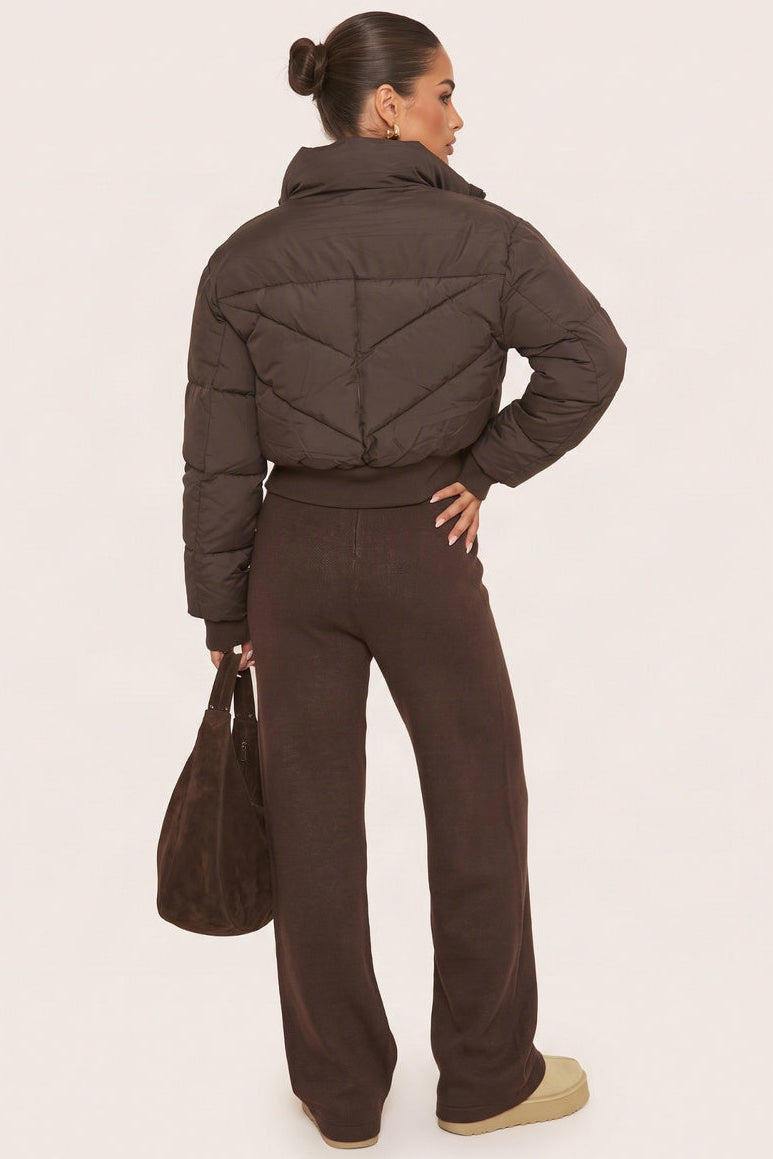 Chocolate High Neck Cinched Waist Puffer Jacket - Ravanna