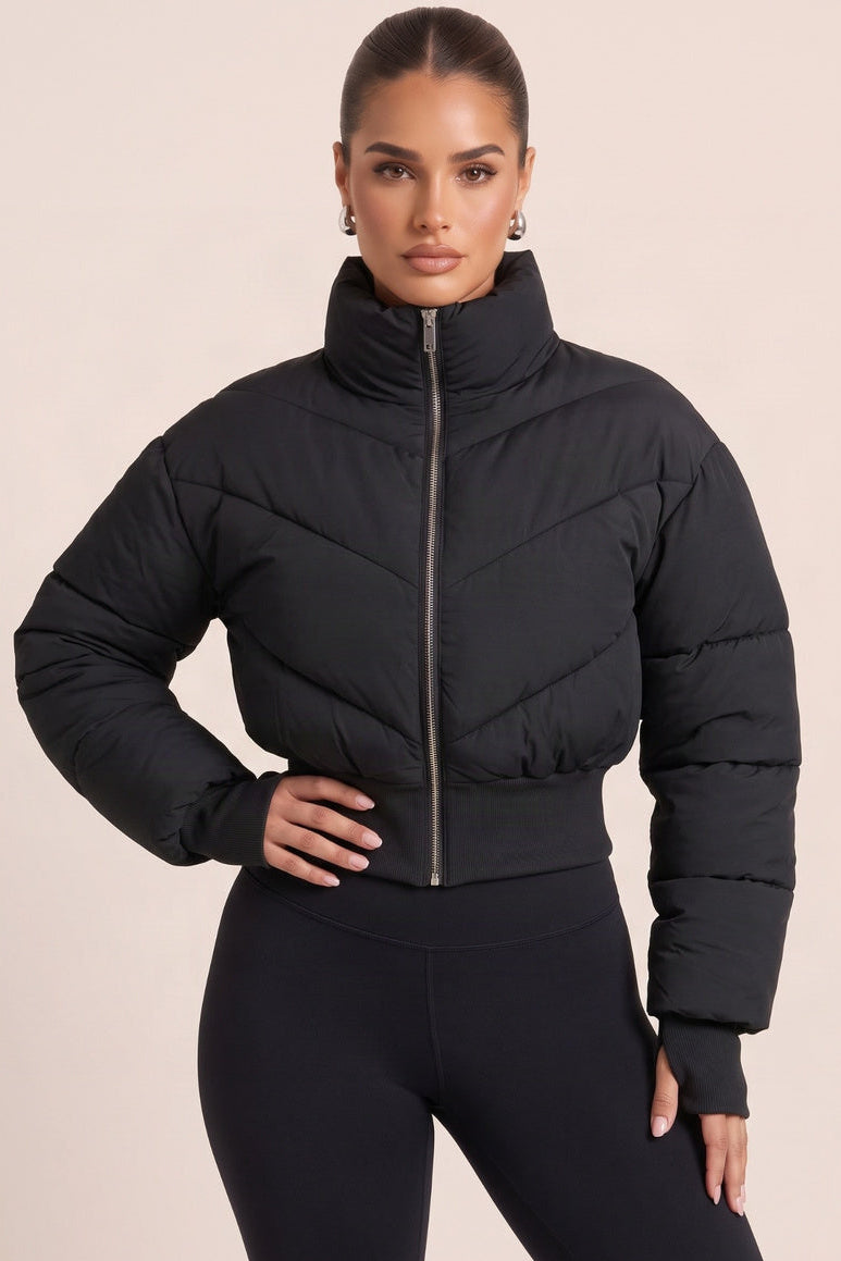Black High Neck Cinched Waist Puffer Jacket - Ravanna
