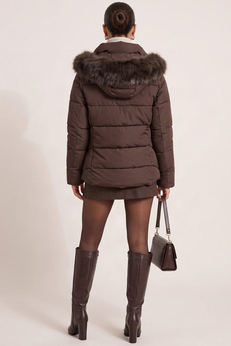 Chocolate Detachable Faux Fur Trim Hooded Longline Puffer Coat - Emily