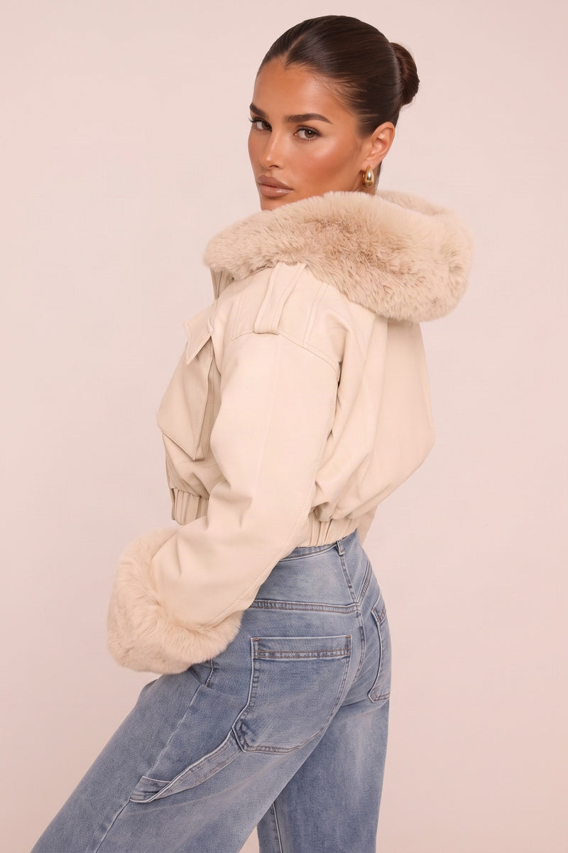 Beige Faux Leather Fur Lined Bomber Jacket - Larna