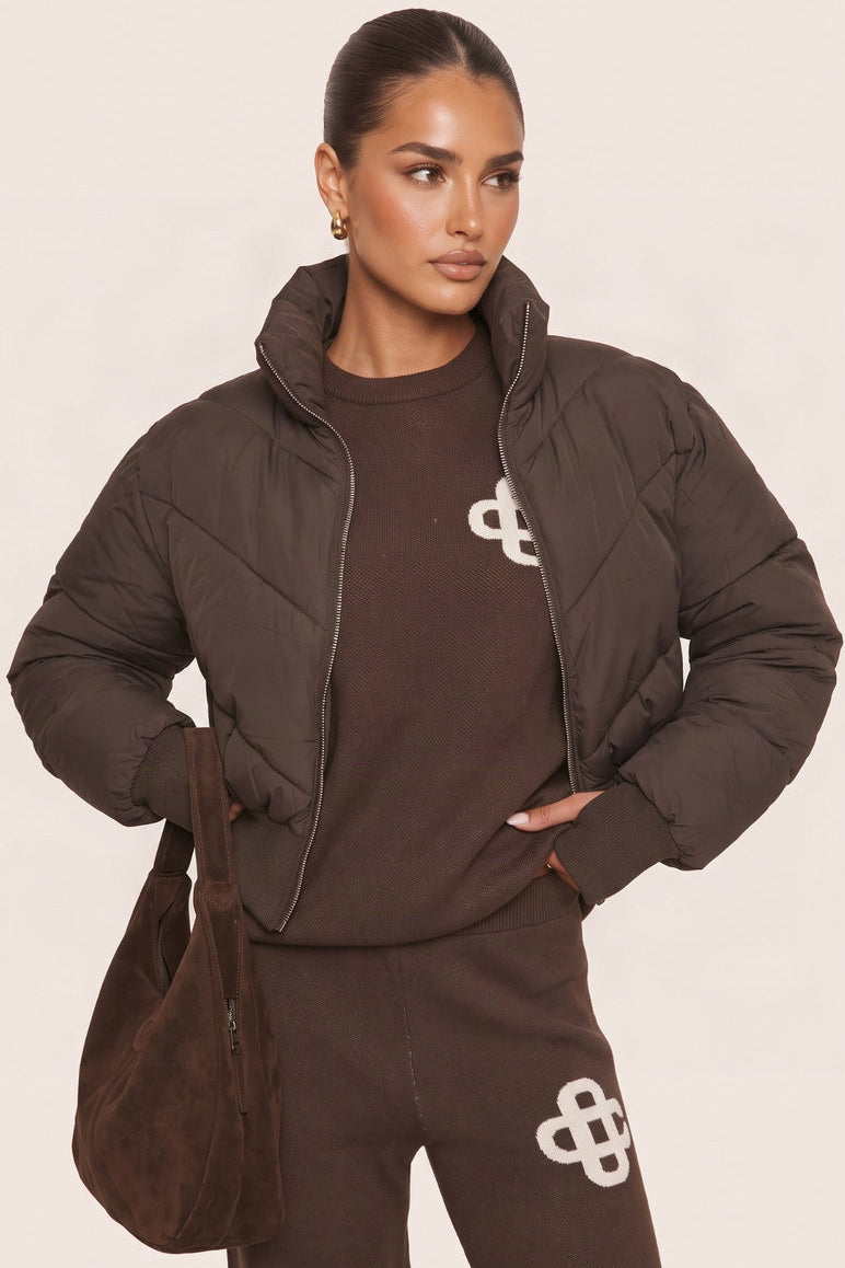 Chocolate High Neck Cinched Waist Puffer Jacket - Ravanna