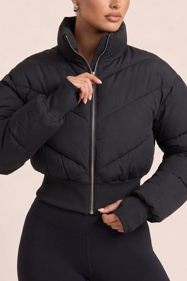 Black High Neck Cinched Waist Puffer Jacket - Ravanna