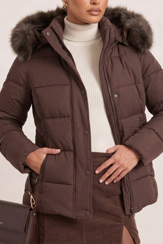 Chocolate Detachable Faux Fur Trim Hooded Longline Puffer Coat - Emily