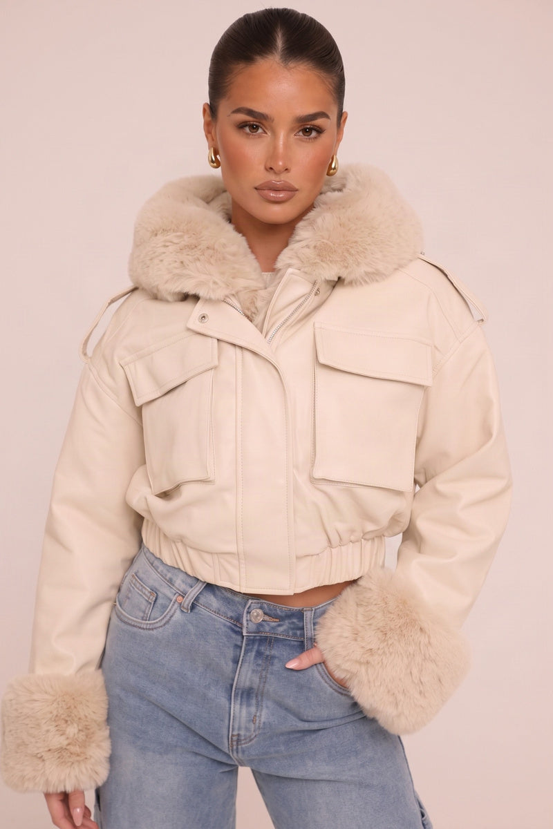 Beige Faux Leather Fur Lined Bomber Jacket - Larna