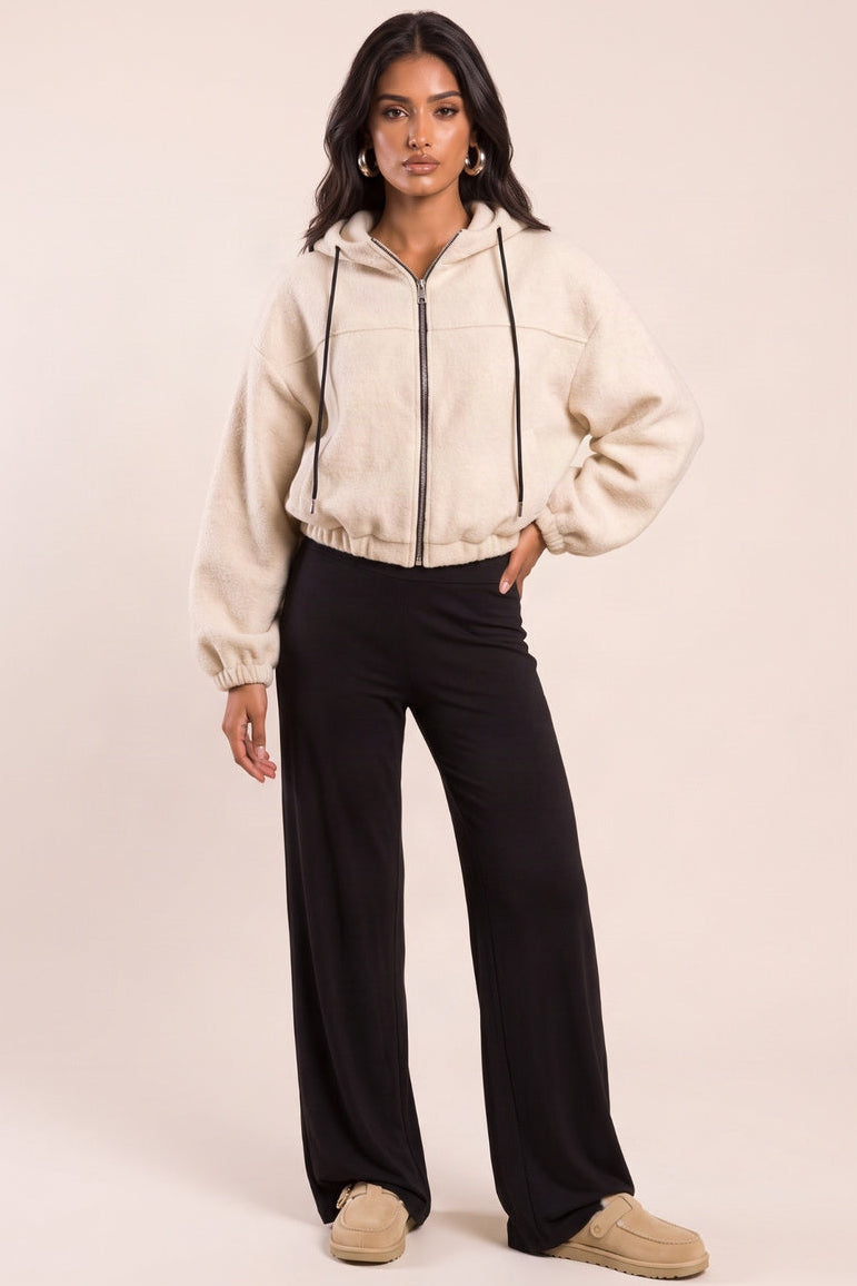 Beige Borg Zip Up Oversized Hooded Jacket - Miley
