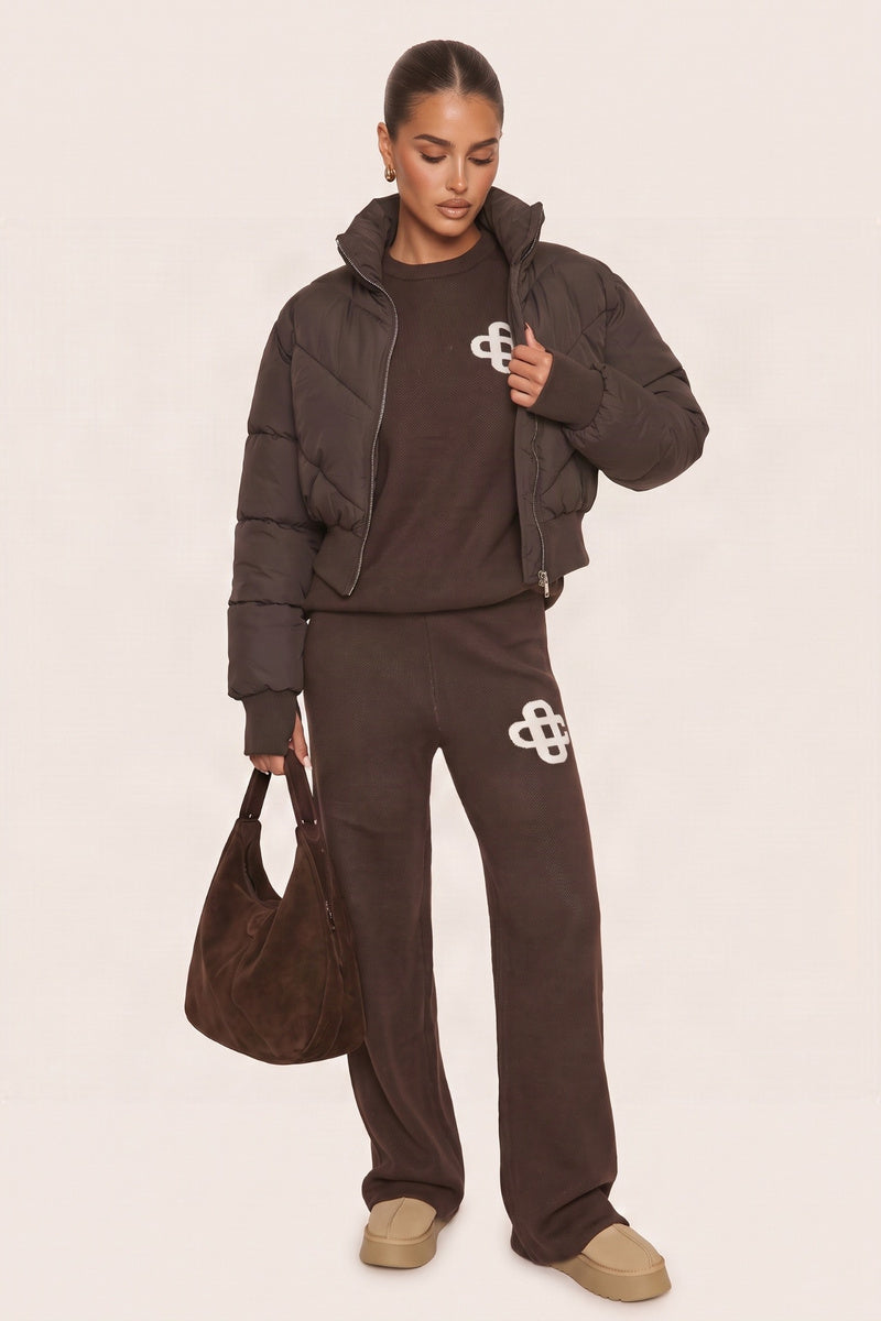 Chocolate High Neck Cinched Waist Puffer Jacket - Ravanna