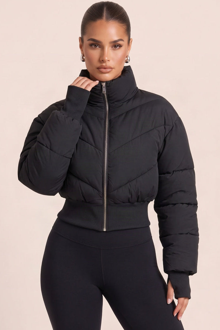 Black High Neck Cinched Waist Puffer Jacket - Ravanna