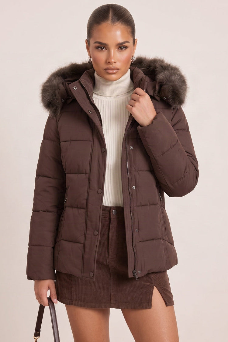 Chocolate Detachable Faux Fur Trim Hooded Longline Puffer Coat - Emily
