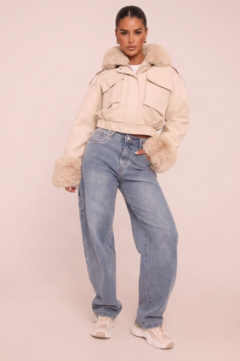 Beige Faux Leather Fur Lined Bomber Jacket - Larna