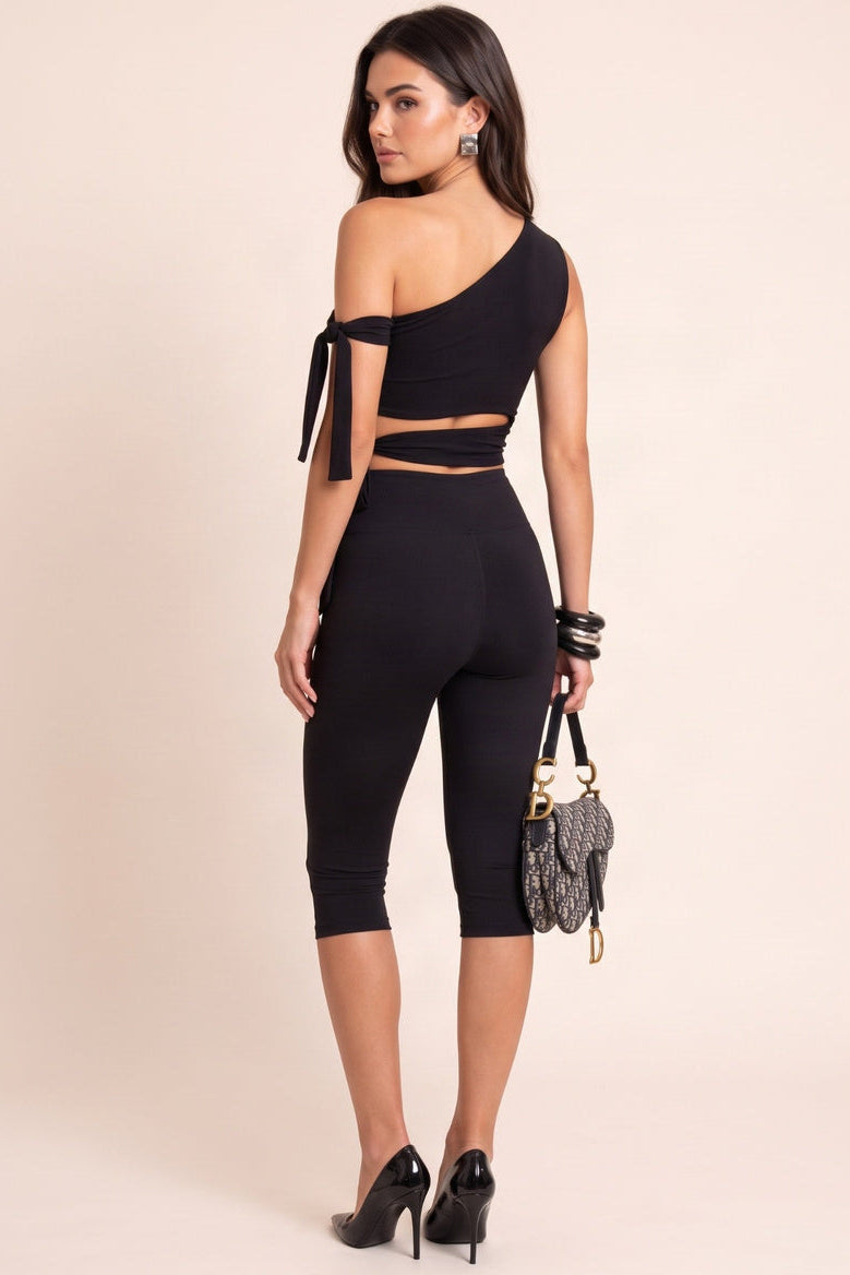 Black One Shoulder Tie Detail Crop Top - Rella