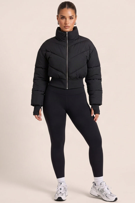 Black High Neck Cinched Waist Puffer Jacket - Ravanna