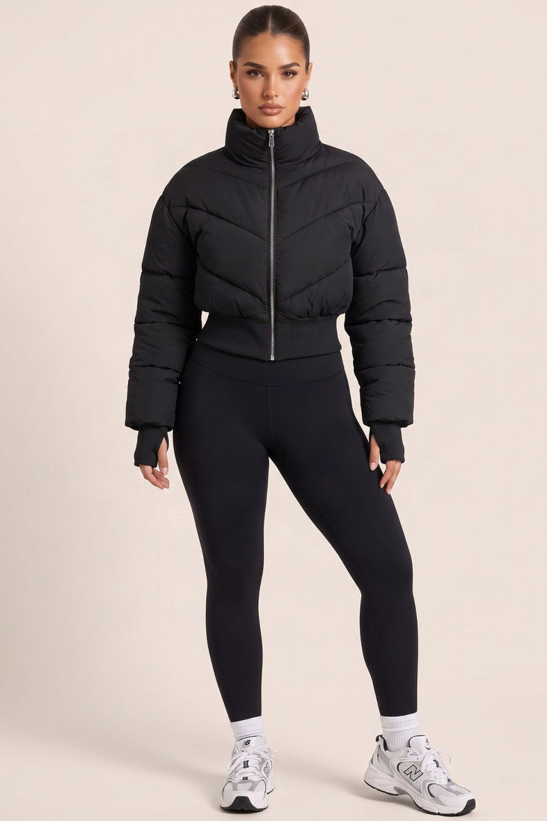 Black High Neck Cinched Waist Puffer Jacket - Ravanna