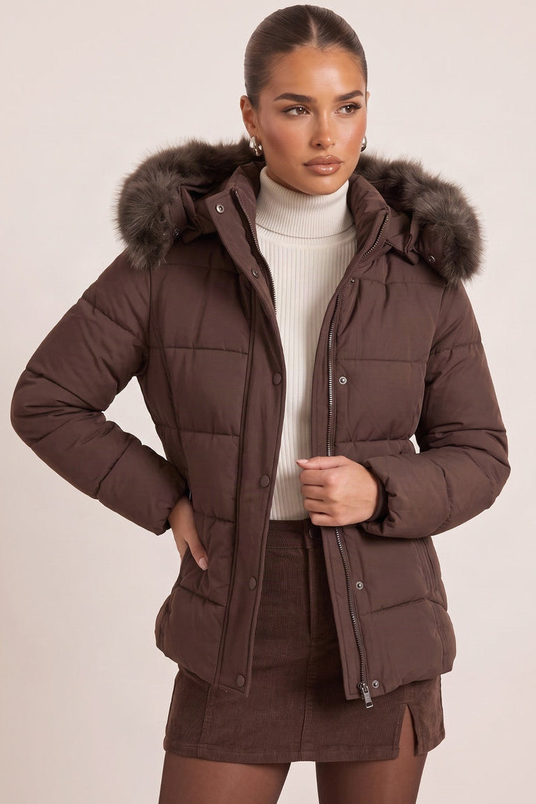 Chocolate Detachable Faux Fur Trim Hooded Longline Puffer Coat - Emily