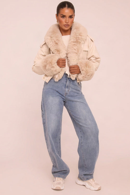 Beige Faux Leather Fur Lined Bomber Jacket - Larna