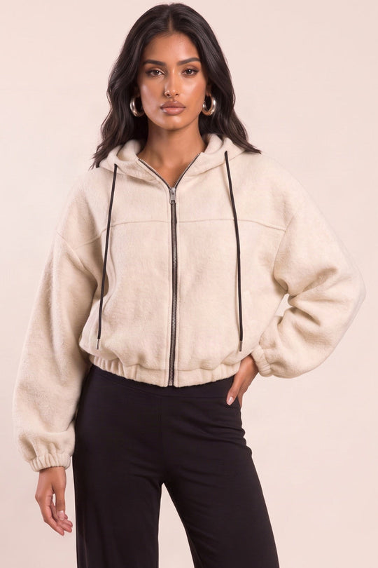Beige Borg Zip Up Oversized Hooded Jacket - Miley