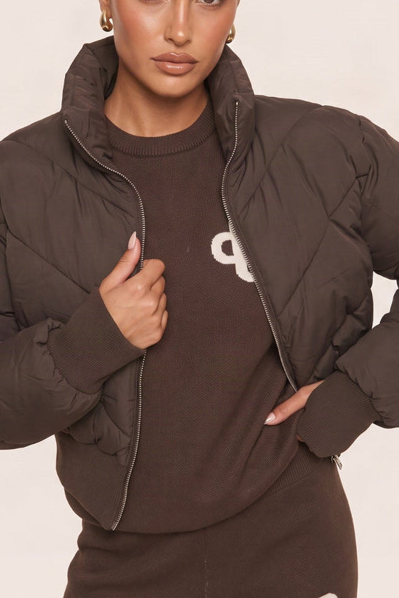 Chocolate High Neck Cinched Waist Puffer Jacket - Ravanna
