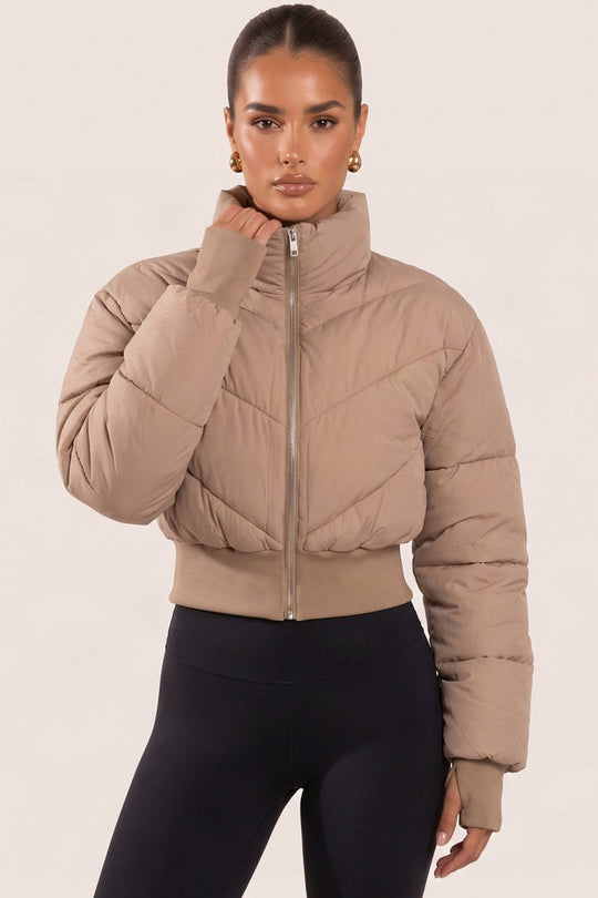 Stone High Neck Cinched Waist Puffer Jacket - Ravanna