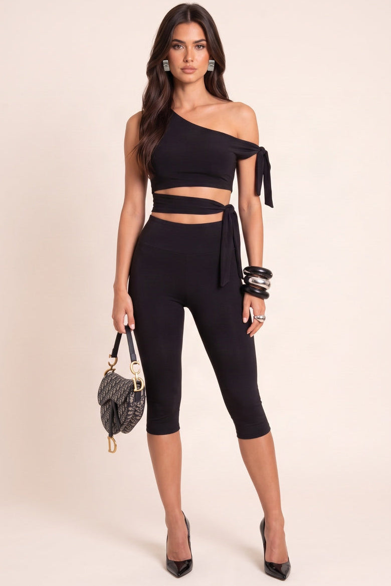 Black One Shoulder Tie Detail Crop Top - Rella