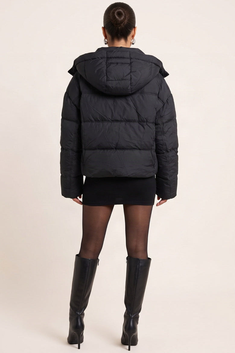 Black High Neck Hooded Cropped Puffer Coat - Cole