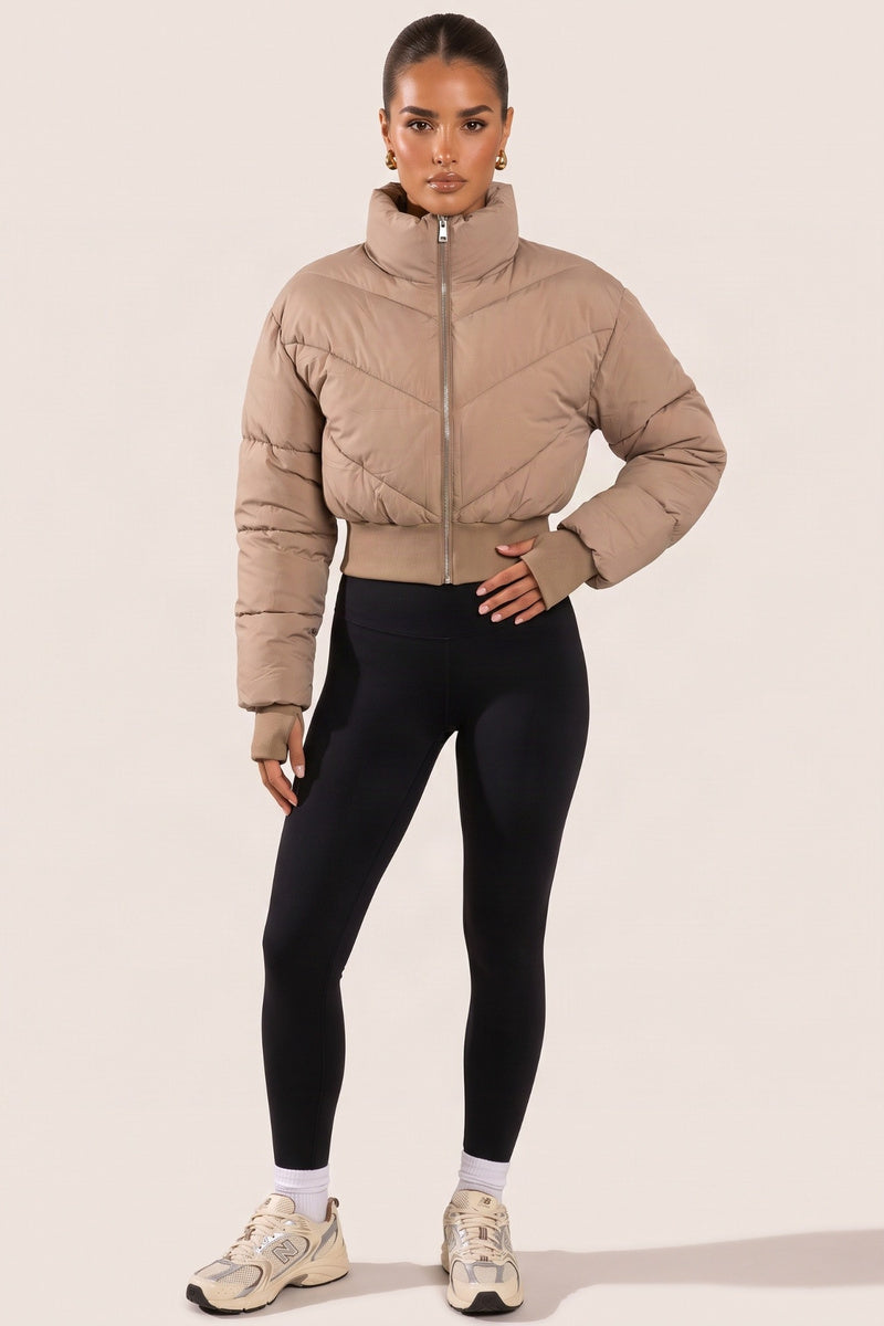 Stone High Neck Cinched Waist Puffer Jacket - Ravanna
