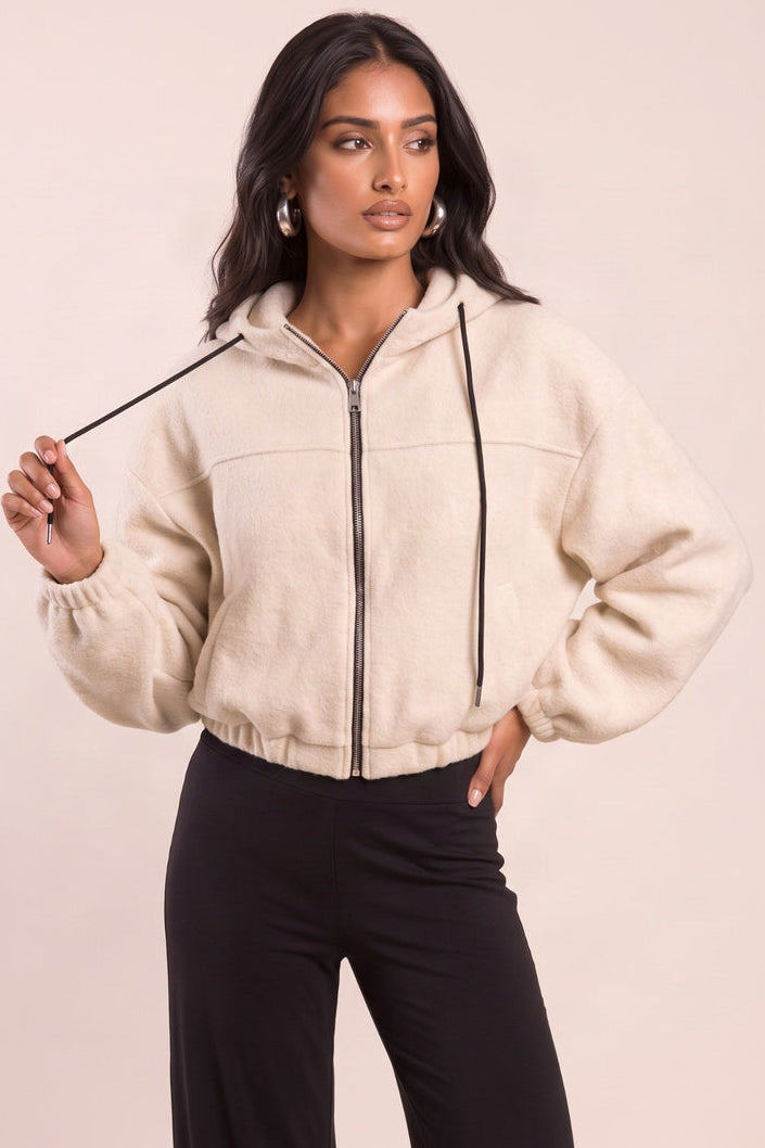 Beige Borg Zip Up Oversized Hooded Jacket - Miley