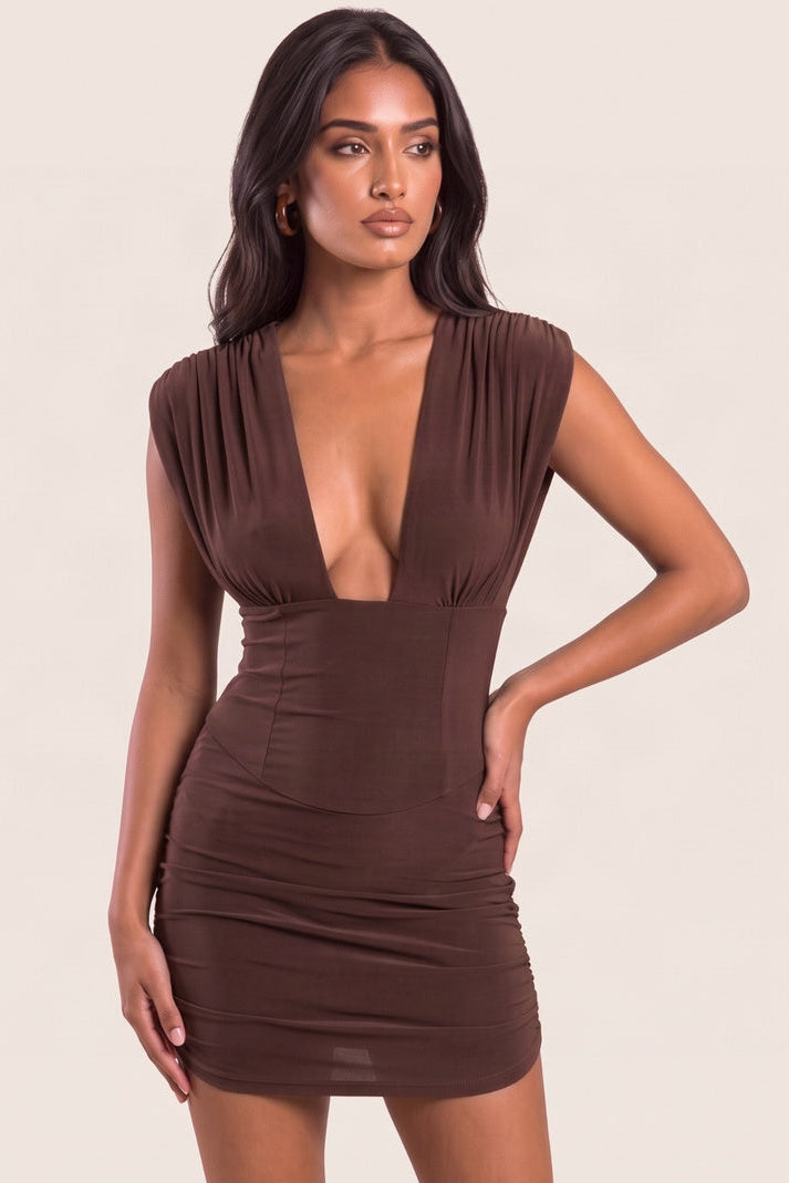 Chocolate Plunge Corset Detail Ruched Mini Dress - Arianna